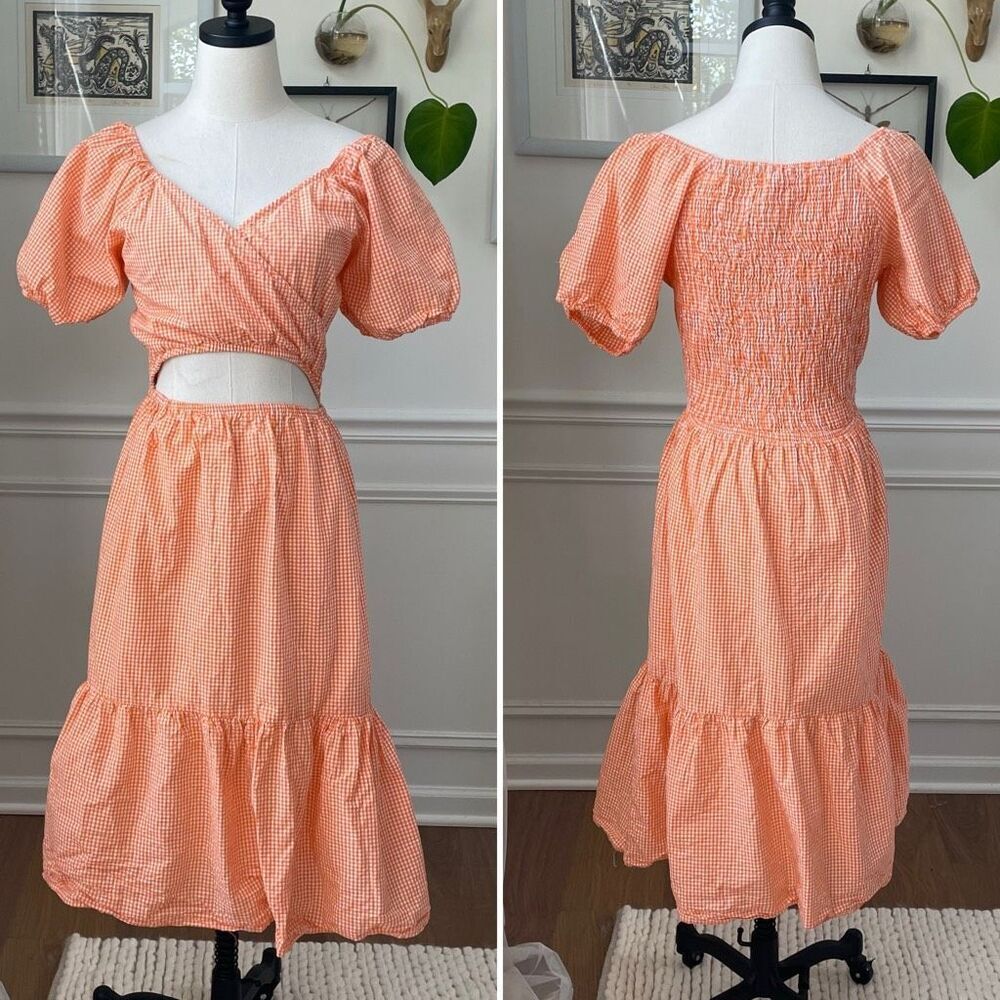 Sim & Sam Nordstrom Orange Gingham Micro Check Bare Midriff Midi Dress L